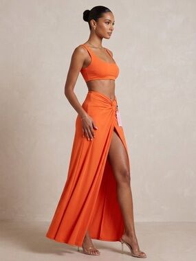 NWT Designer Nichole Lynel Orange High Slit Maxi Skirt Built In Undergarments